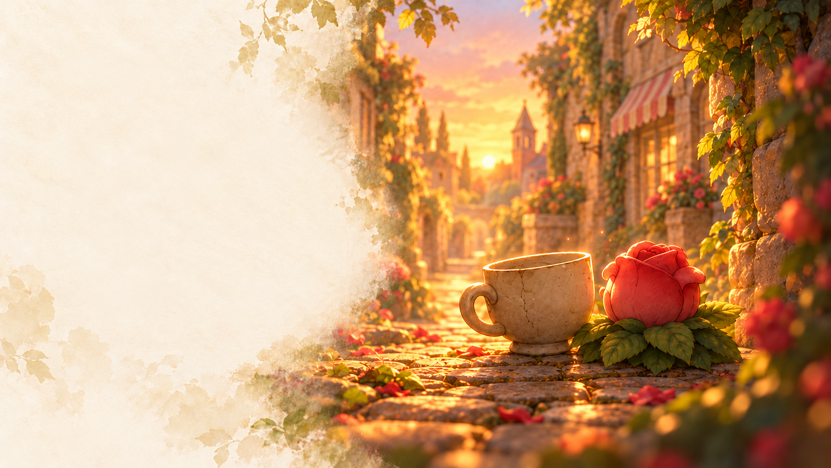 Cup and Rose together in a golden sunlit alley.